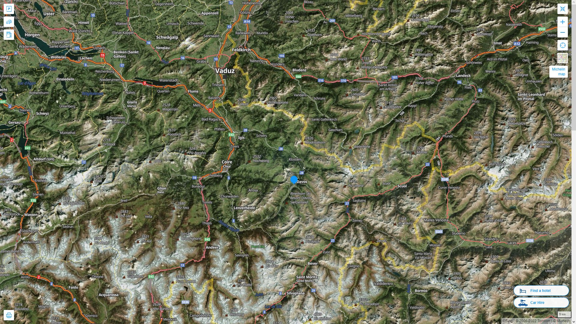 Davos Suisse Autoroute et carte routiere avec vue satellite